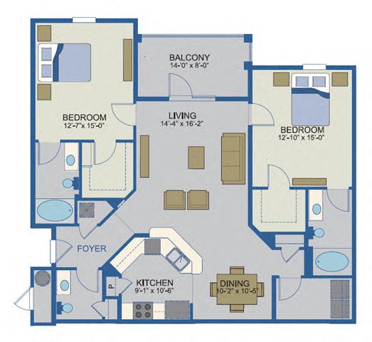 Floor plan for 2 beds, 2.5 baths, 1371 sqft